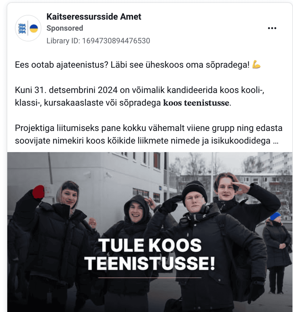 Annons från försvarets resursstyrelse "Genom militärtjänst med vänner"