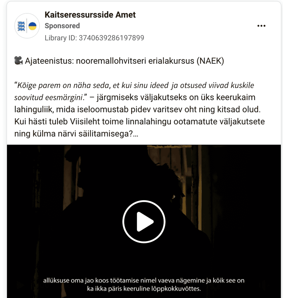 Annons från Försvarets resursstyrelse "Beväringstjänst: junior underofficersspecialkurs (NAEK)"